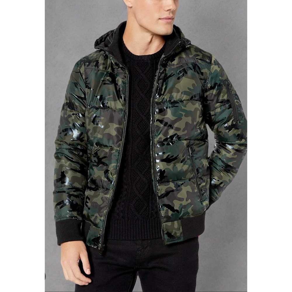 Guess Mens Liquid Camouflage Puffer Jacket Hooded Full Zip XXL Military Bomber